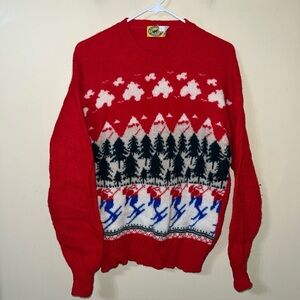 Vintage Wool Ski Novelty Sweater Red Fair isle Women's Large